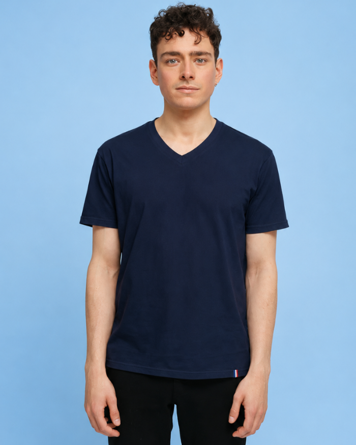 T-shirt col V français hommes Coton vert bleu nuit en coton bio