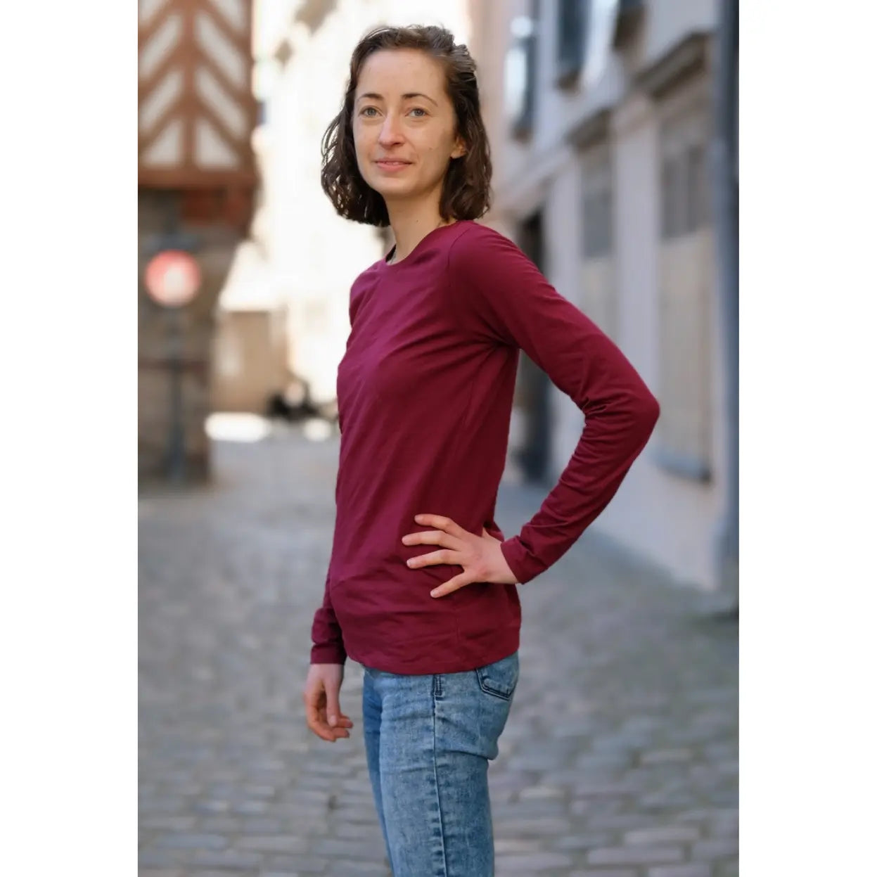 T shirt manches longues femmes bordeaux en coton BIO