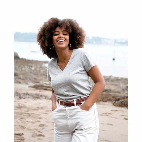 T-shirt Femme col V gris chiné en coton BIO