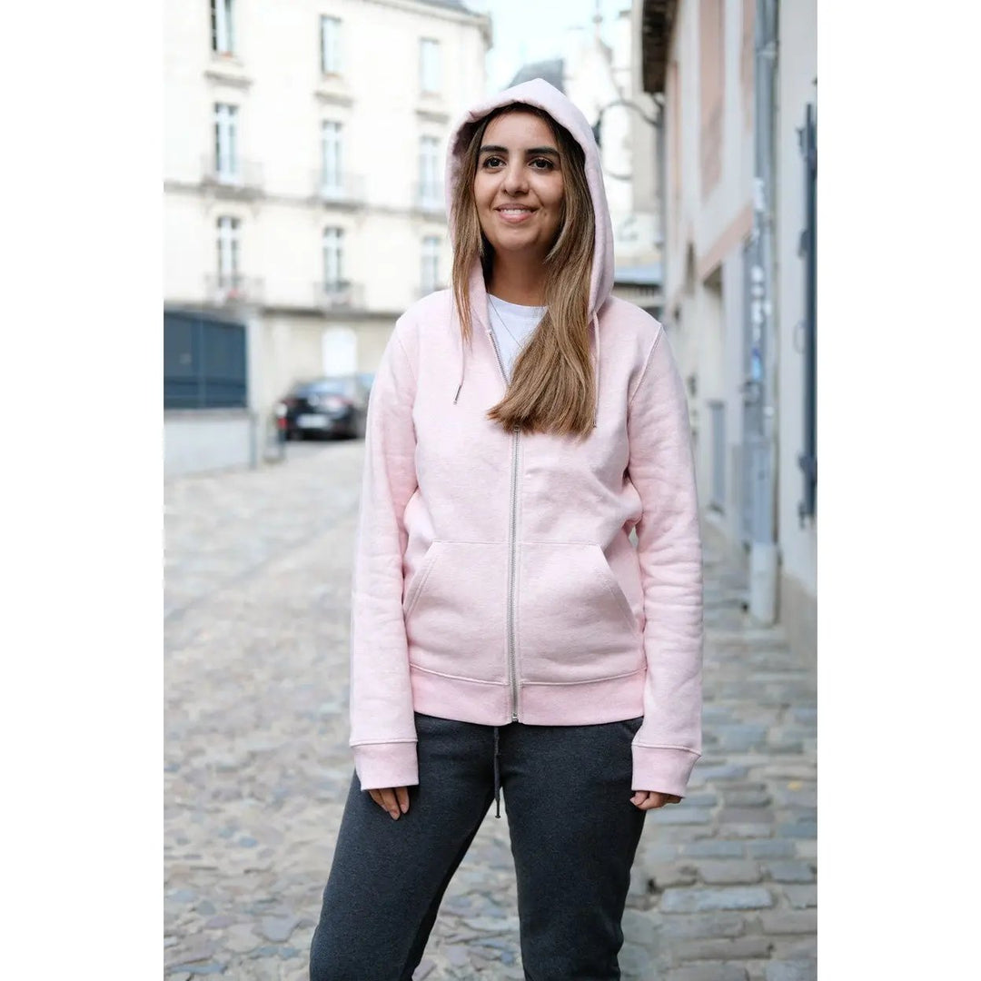 Veste capuche zippée femmes rose crème chiné en coton BIO Coton vert